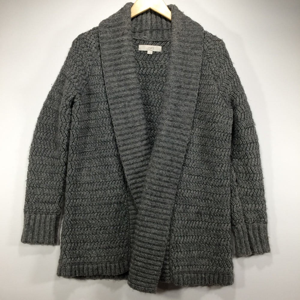 Ann Taylor Loft Sweater Medium Gray Merino‎ Wool Open Front Cardigan Heavyweight